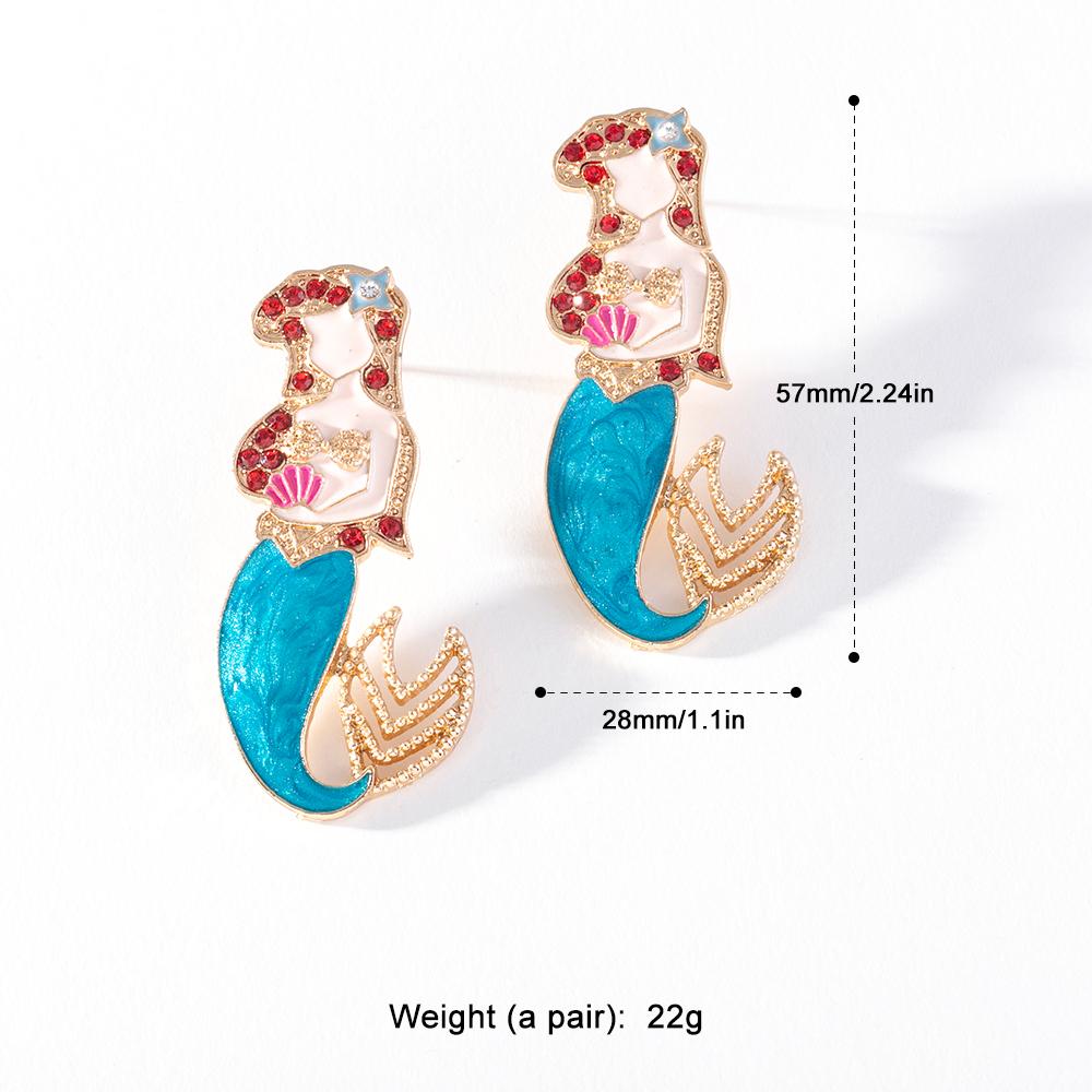 Pinkdudu Mermaid Enamel Earrings  Whimsical Shell & Red Crystal Drops Hand-Painted Fairy Tale Jewelry PD1475