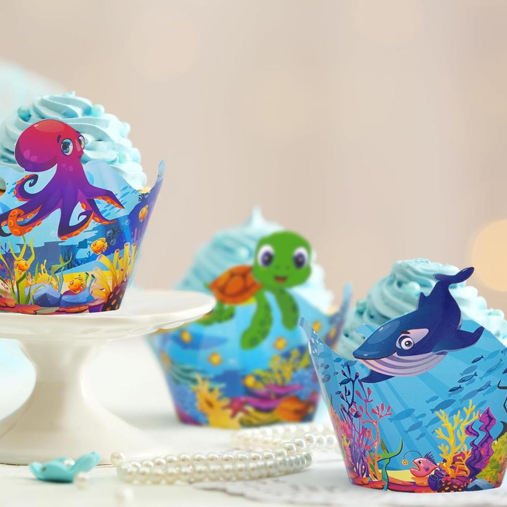 Whaline 36Pcs Sea Animals Cupcake Wrappers Colorful Ocean Animals Cupcake Liners Under the Sea Cupcake Holders for Summer Ocean Birthday Party