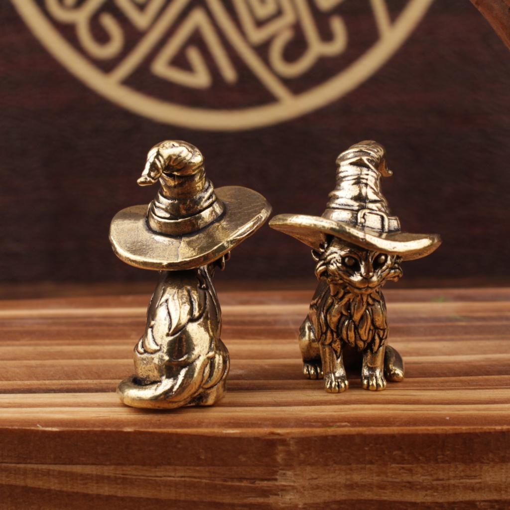 Cute Sorcerer Cat Small Statue Creative Solid Brass Childish Animal Kitten Miniature Figurine Ornaments Retro Home Decors