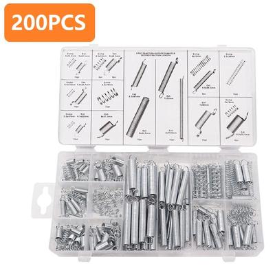 Sada 200 ks zinkovaných ocelových pružin ve 20 velikostech pro různé opravy a mechanické použití s průhledným úložným boxem