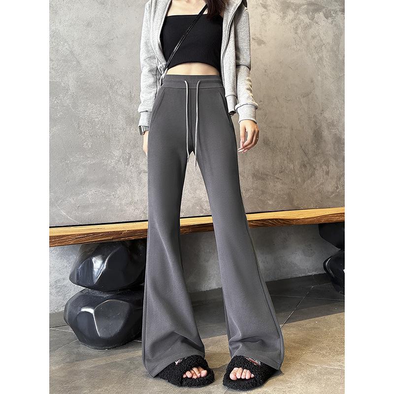 

Женские черные спортивные брюки микро-клеш с высокой посадкой и кулиской - Утягивающие повседневные брюки в пол для весны и осени Gray Regular