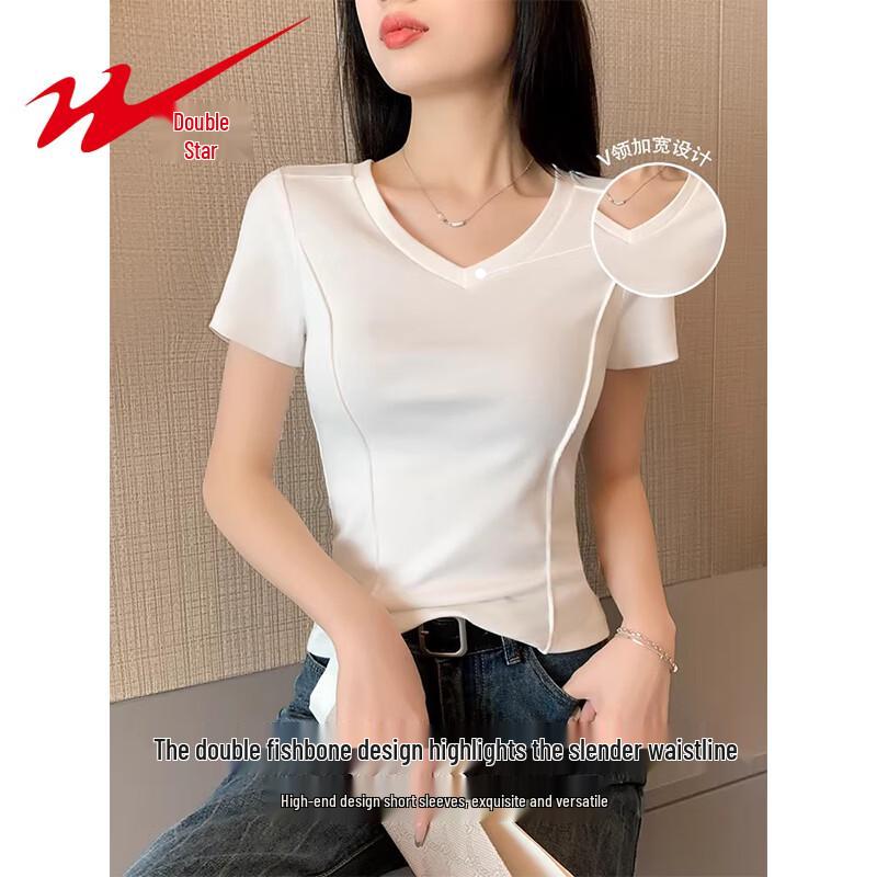 Shuangxing Women's V-Neck Ribbed Slim Fit T-Shirt