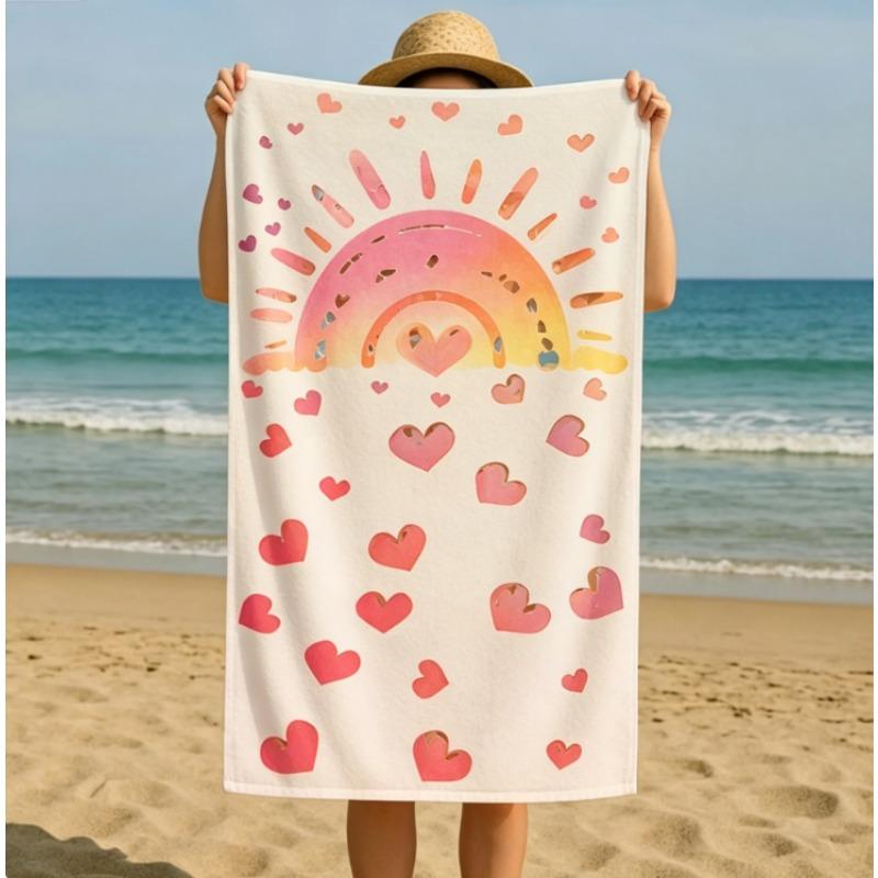 Boho Regenbogen Herz Strandtuch, Mikrofaser Sandfrei Schnelltrocknend, Süßer Liebesdruck, Weich Saugfähig für Kinder & Sommerurlaub