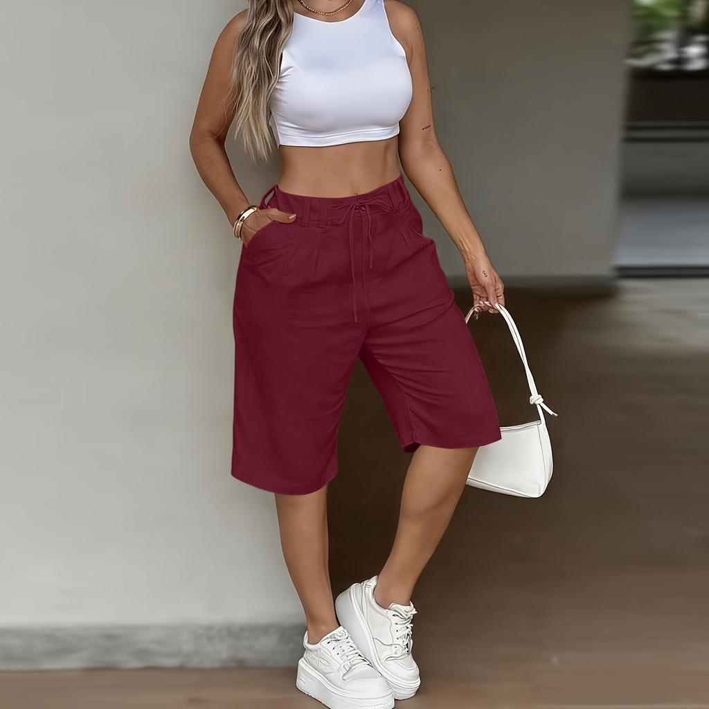 Women’s Casual Loose Fit Drawstring Waist Knee Length Shorts with Pockets for Everyday Wear and Comfort