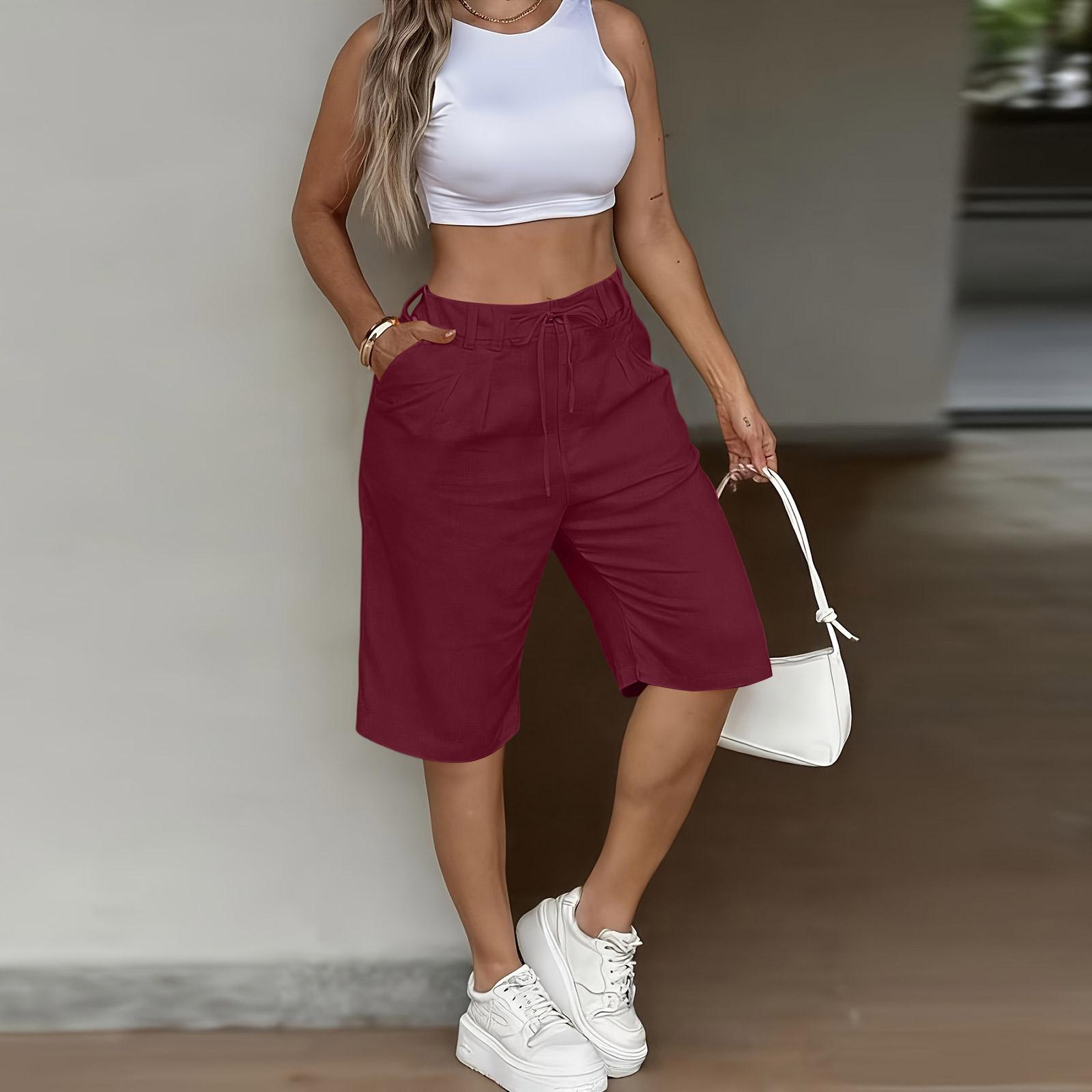 Women s Casual Linen Shorts Elastic Waisted Drawstring Summer Shorts With Pockets M винный