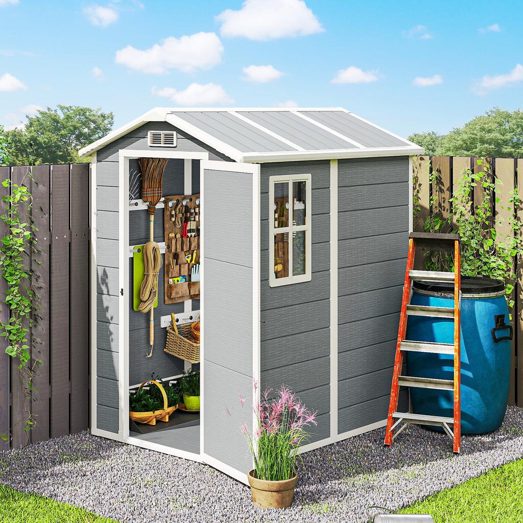 Garden Shed, Plastic Garden House with Floor, Window, Lockable Doors, for Garden, 131W x 186D x 198H cm, Grey