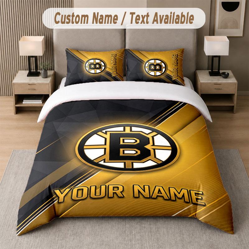 Set Biancheria da Letto Personalizzato Modello Boston Bruins, Stampa Nome Testo 1 Copripiumino più 2 Federe Tessile per la Casa