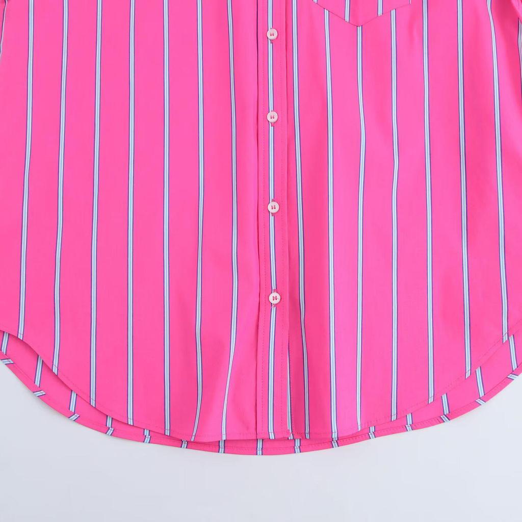 2025 Spring Women's Loose Casual Striped Lapel Shirt - Color Block Design