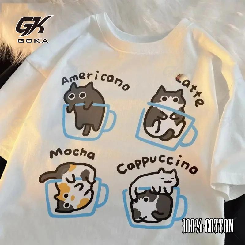 Cat Coffee Printed Pattern 100% Cotton Casual T-shirt for  Summer New Loose Men's Original Cat Couple Student Round Neck Top
