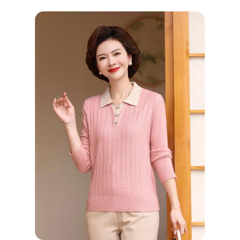 

Новый свитер с лацканами для пожилых женщин среднего возраста, свободный трикотаж, длинный рукав, базовая модная кофта 5XL