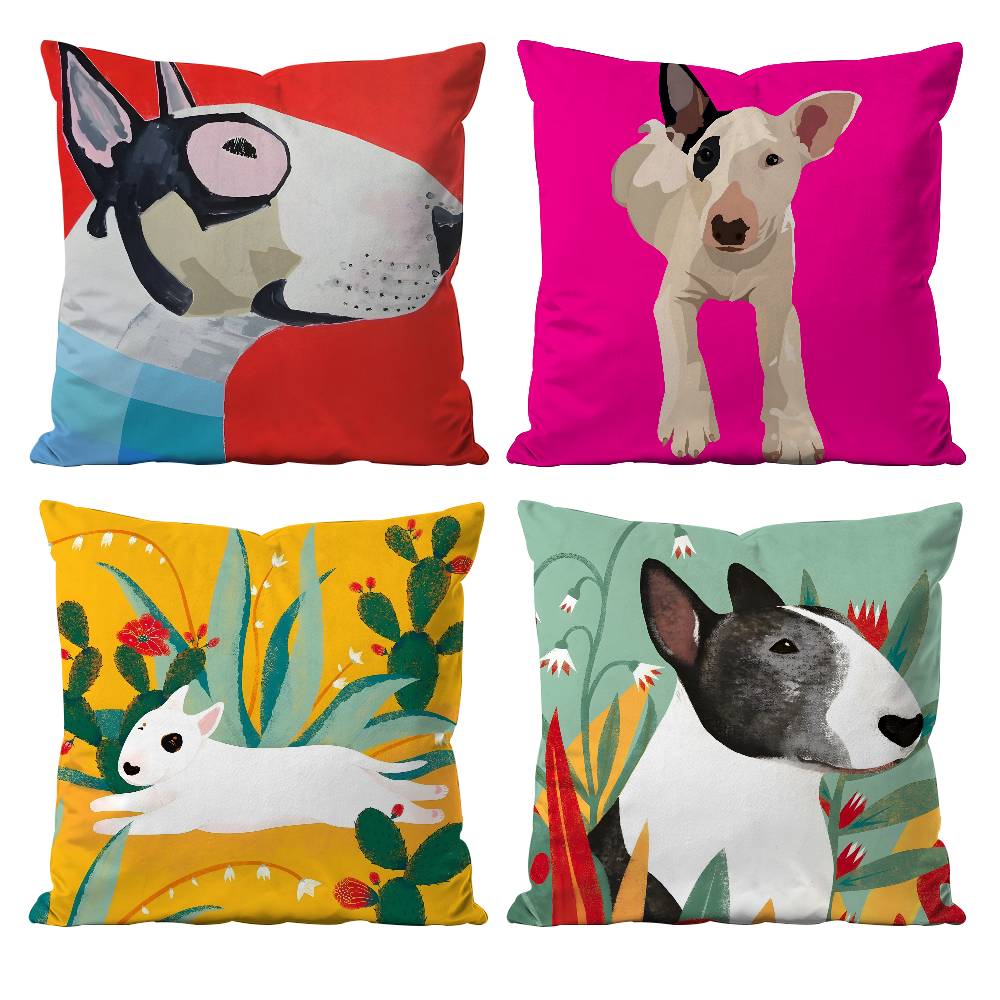 Cartoon Bull Terrier Series Pillow Case Anti-dustmite Pillowcase Invisible Zipper Silky Short Plush Sofa Cushion Cover