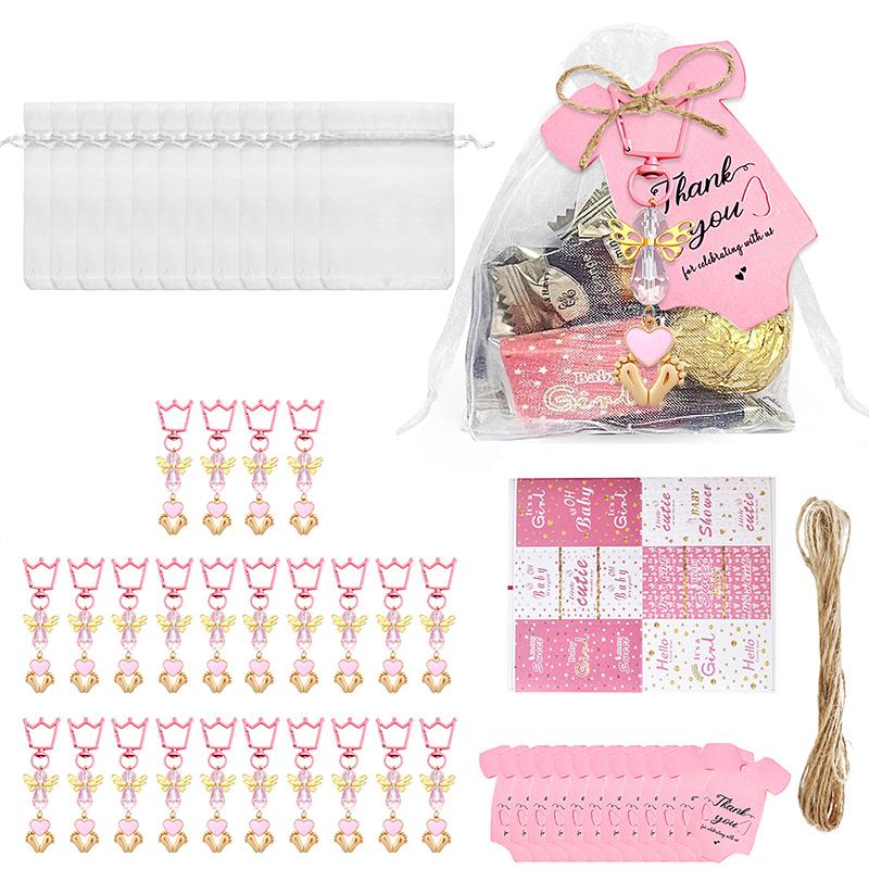 

24 Sets Baby Shower Party Favors Baby Shower Angel Keychains Label Sticker Cards Organza Bags For Baptism Party