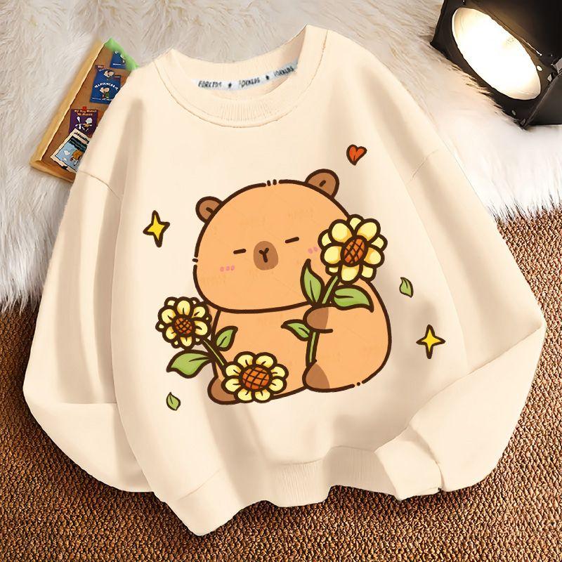 Girls' Fashion Cartoon Capibara Hoodie Spring and Autumn Children's Loose Round-neck Long-sleeved Hoodie
