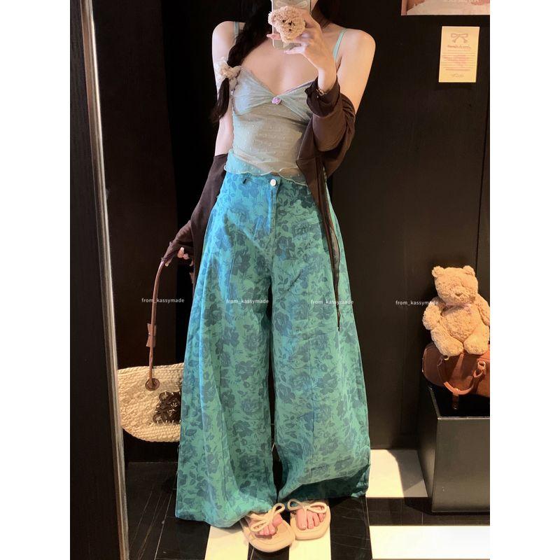 Kumikumi Pure Desire Style Set Lace Cami Women Summer High Waist Slimming Print Wide Leg Pants Two-piece Set