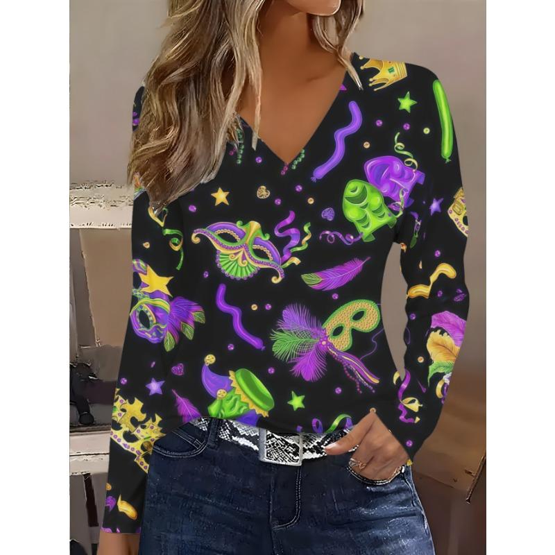 Plus size women's autumn and winter fashionable soft and comfortable carnival mask print V-neck long-sleeved shirt