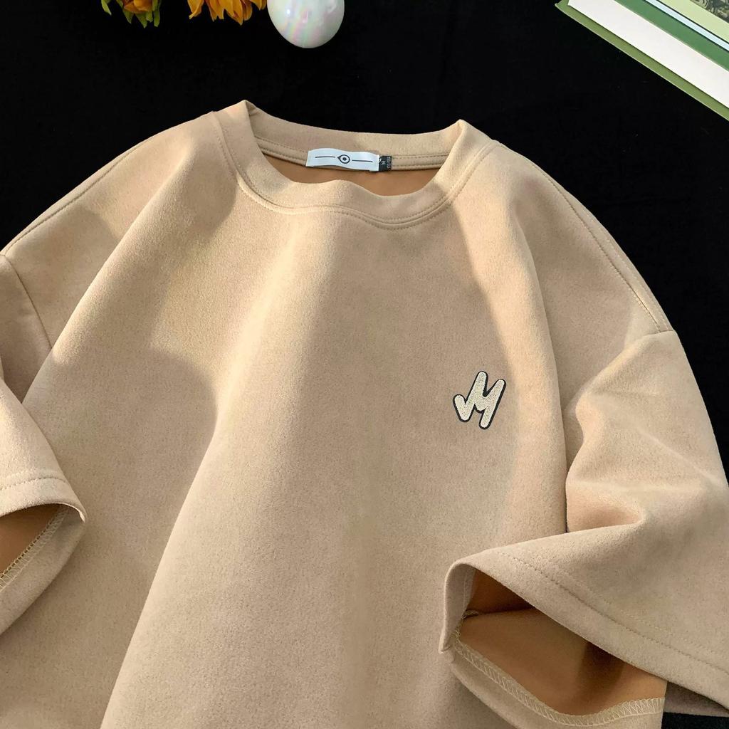 Men's Summer Versatile Trendy Suede Short-sleeved T-shirt American Retro High Street Heavyweight T-shirt Half-sleeved Top