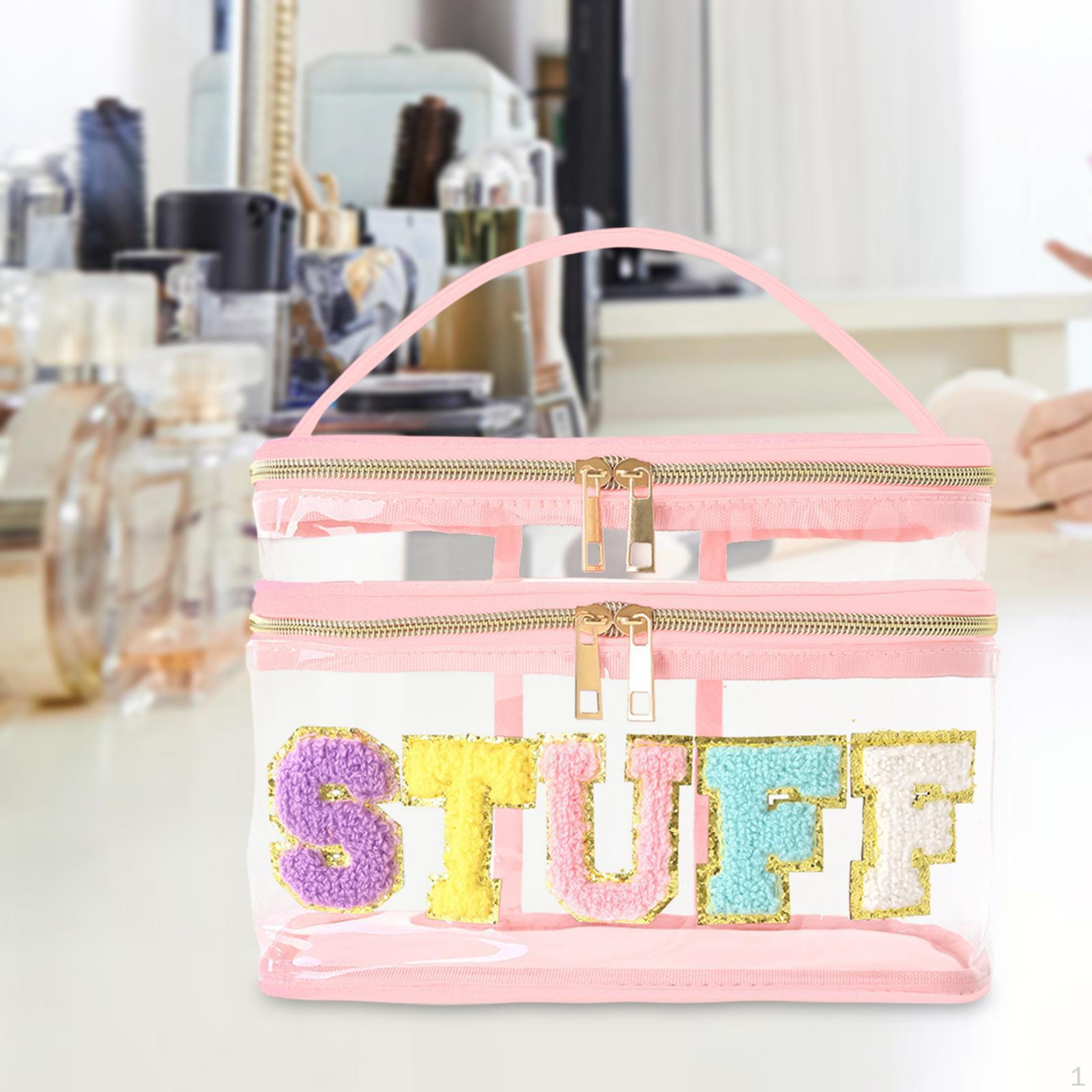 

Сумка-органайзер для косметики с прозрачными буквами и синелью, с ручкой-молнией розовый