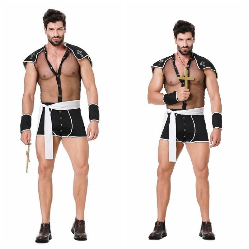 2023 New European And American Men's Adult Nightclub Sexy Mesh Bodysuit Priest Roleplay Costume