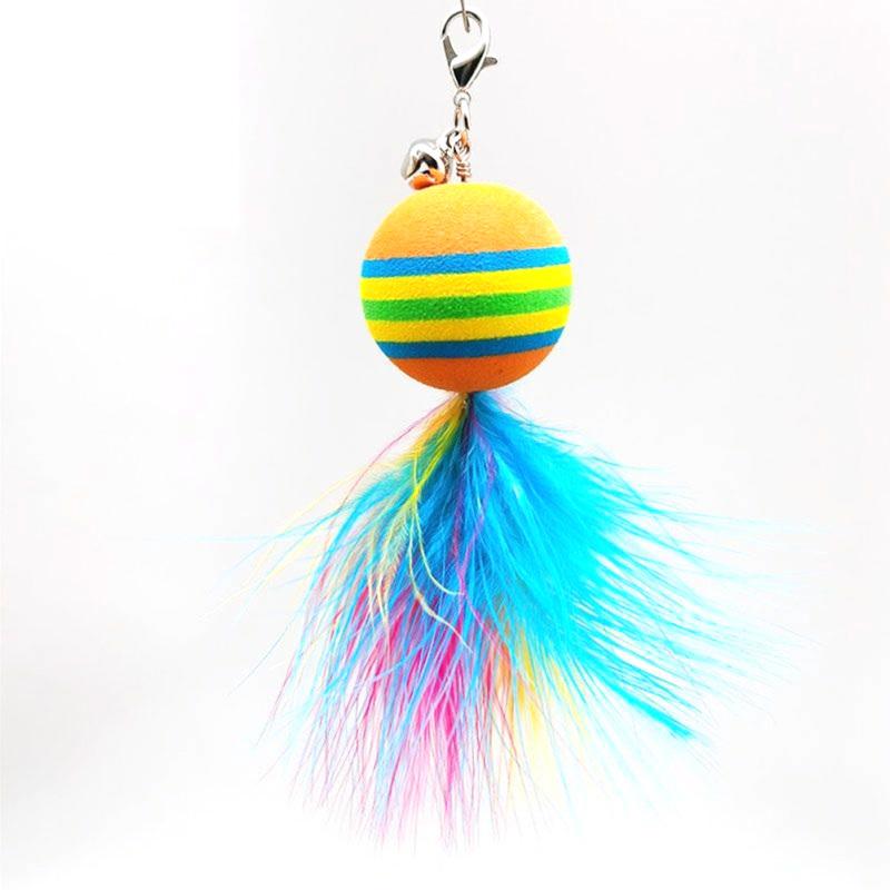 Funny Pet Cat Teaser Stick Colorful Stripes Feathers Ball Replacement Head Accessories With Bell