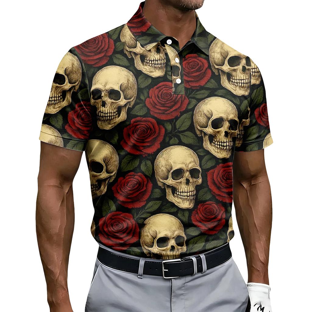 Men's Short Sleeve Polo Shirt Halloween Skull and Rose Print Button Down Casual Fit Lightweight Breathable Fabric