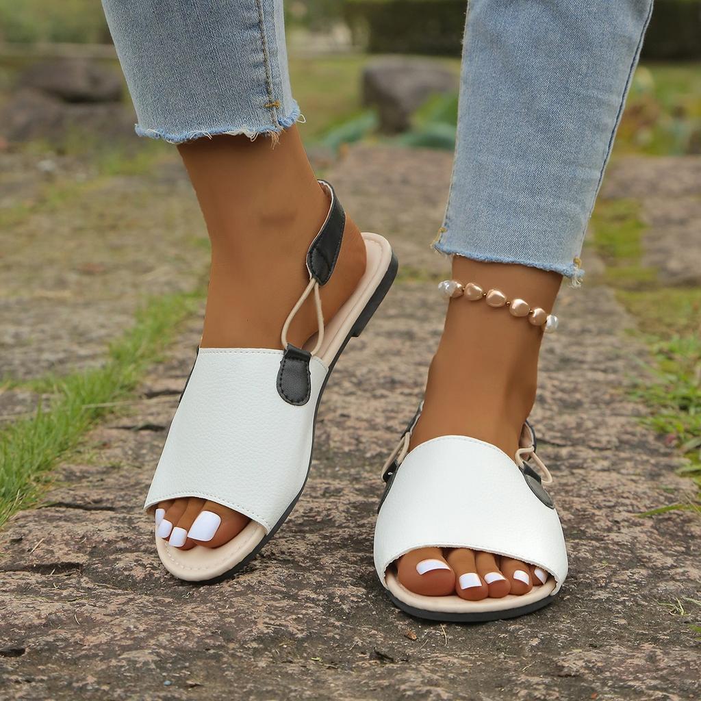 Women's Two-Tone Peep-Toe Slide Sandals - Backless Single Strap Casual Flats, Fashion Summer Mules
