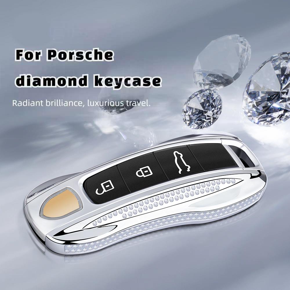 Diamond Metal Material Key Case For Porsche Cayenne Panamera Macan Cayman 718 911 Taycan Gloss Chrome Key Shell Car Key Case