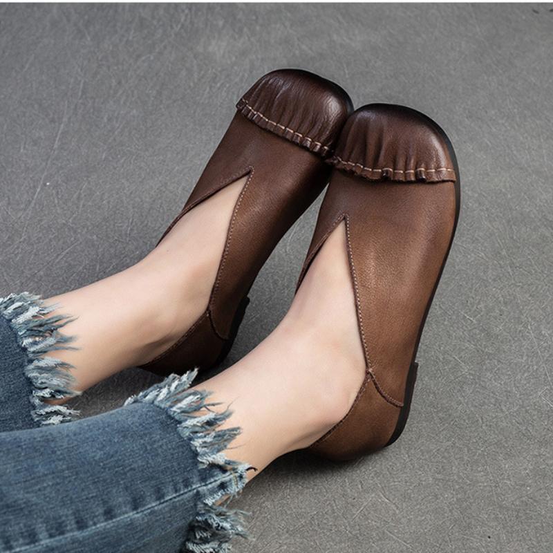 Johnature Zapatos planos retro de cuero genuino con punta redonda, suela suave, zapatos informales sin cordones de Color sólido para mujer