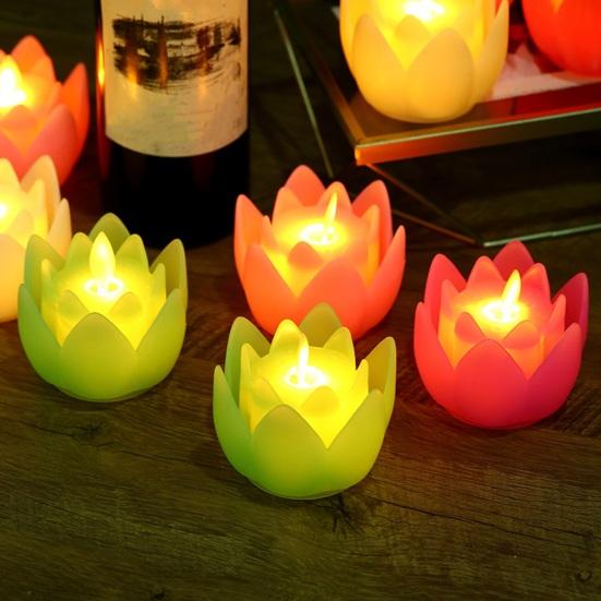 6 Pcs Diwali LED Lotus Candles Flameless Lotus Tea Light Battery Operated Flickering Buddhist Lamp for Home Desktop Centerpiece
