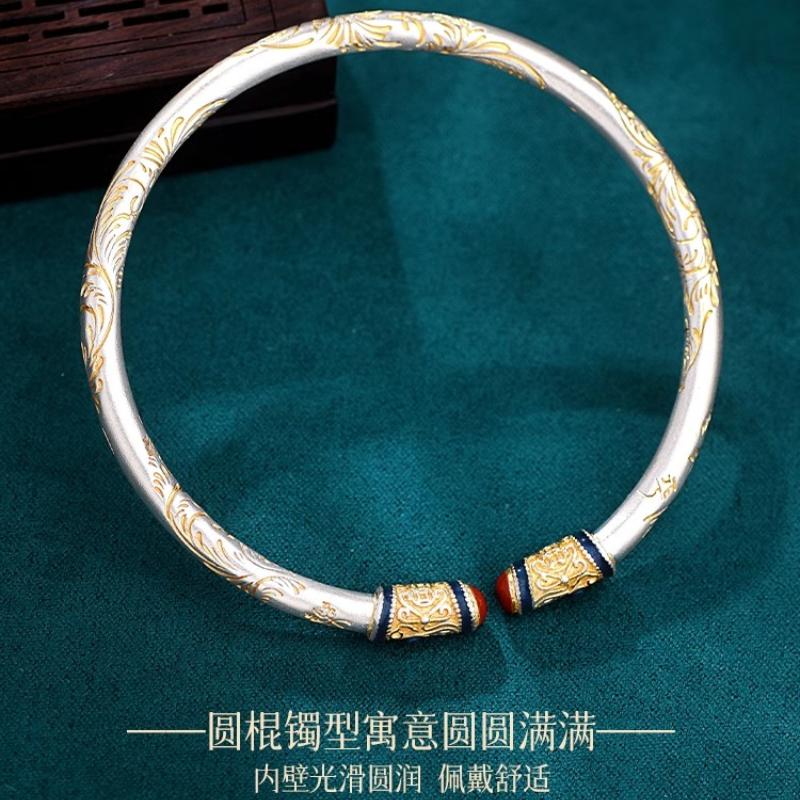 New Tang grass pattern couple bracelet silver-plated roll grass pattern enamel painted gold solid bracelet New Chinese Qixi Festival gift