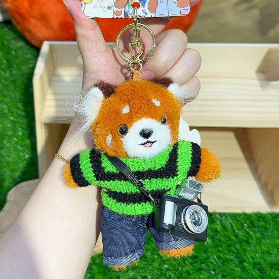 Cartoon Red Panda Plush Keychain Stuffed Red Panda Wearing Sweater Bag Charm with Mini Camera for Backpack Handbag Car Key Accessories