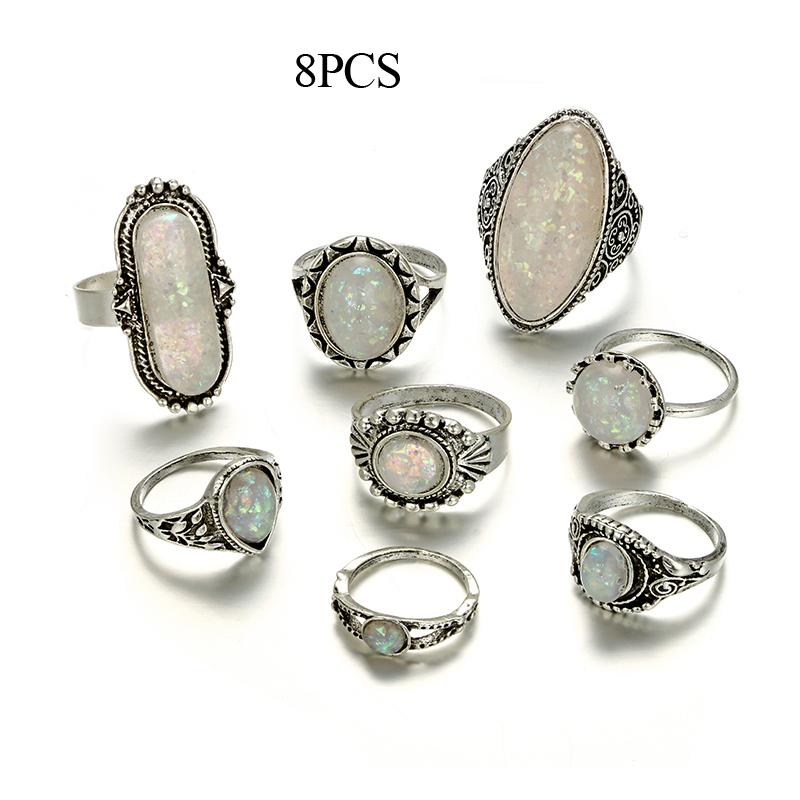 Vintage Rings, Silver Color, Coloured OPAL, Carved Stone, Bohemian Jewels for Women and Men