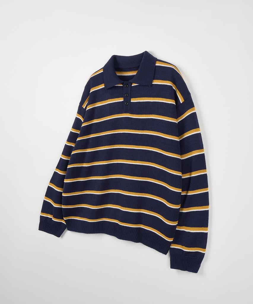 NODU Multi-Color Block Collared Stripe Knit T-Shirt [Navy]