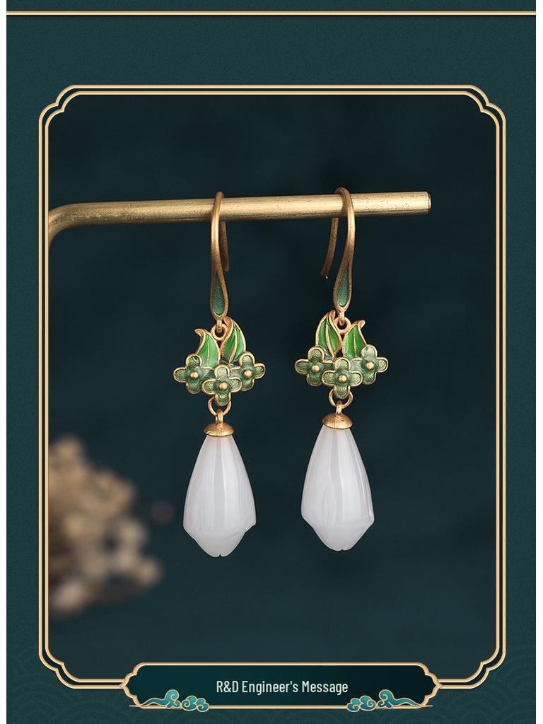 Chinese Magnolia Retro Jade-Style Enamel Earrings - Ideal Mother's Gift