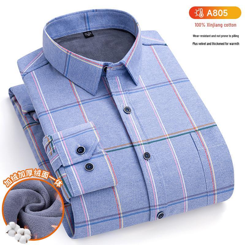 New Plus Size Velvet-Lined Men's Pure Cotton Plaid Shirt - Warm, Thickened for Autumn/Winter Cold Protection