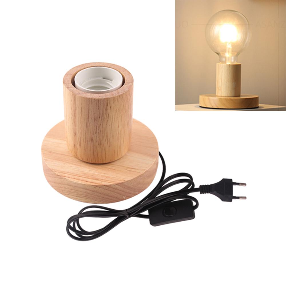 220V Retro Wood Table Lamp E27 Socket Vintage Desk Lamp Base Holder EU Plug Bedside Lamp Decor Wooden Base Table Light