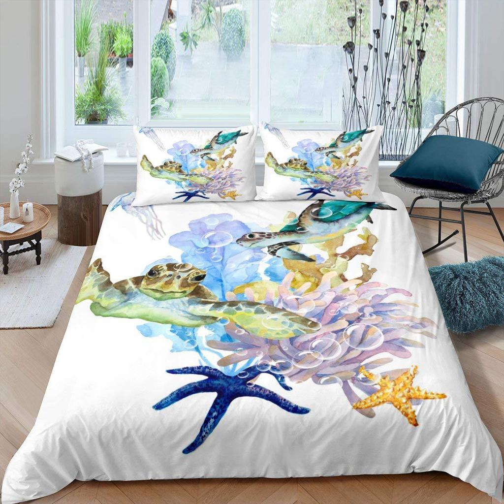 Three-Piece Marine Turtle Animal Digital Print Quilt Pillowcase Bedding Home Textile Kit
