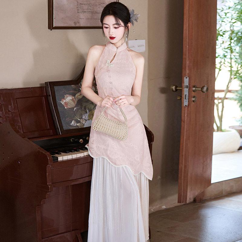 Pink water drop collar national style new Chinese neck Suzhou cheongsam improved young women's high-end evening dress summer