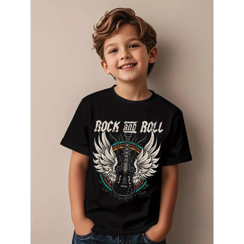 Boys Crewneck T-Shirt, Black Rock Band Guitar Letter Music Graphic 110