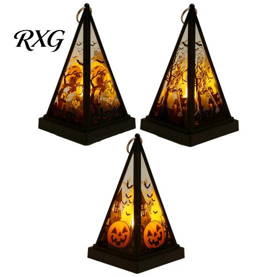 Retro Triangular Wind Lantern Halloween Vintage LED Candle, Spooky Pumpkin Witch Tabletop Decor with Castle Metal Hanger, Electronic Tealight