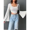Women's Solid Color U Neck Cropped Flare Long Sleeve T-shirt, Slim Fit Sexy Short Sleeve Top, Fashion Casual Streetwear for Women