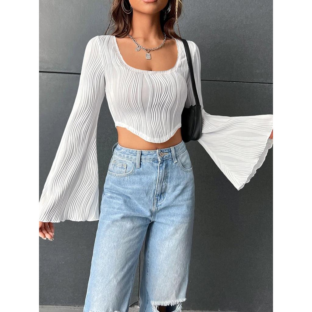 Women's Solid Color U Neck Cropped Flare Long Sleeve T-shirt, Slim Fit Sexy Short Sleeve Top, Fashion Casual Streetwear for Women