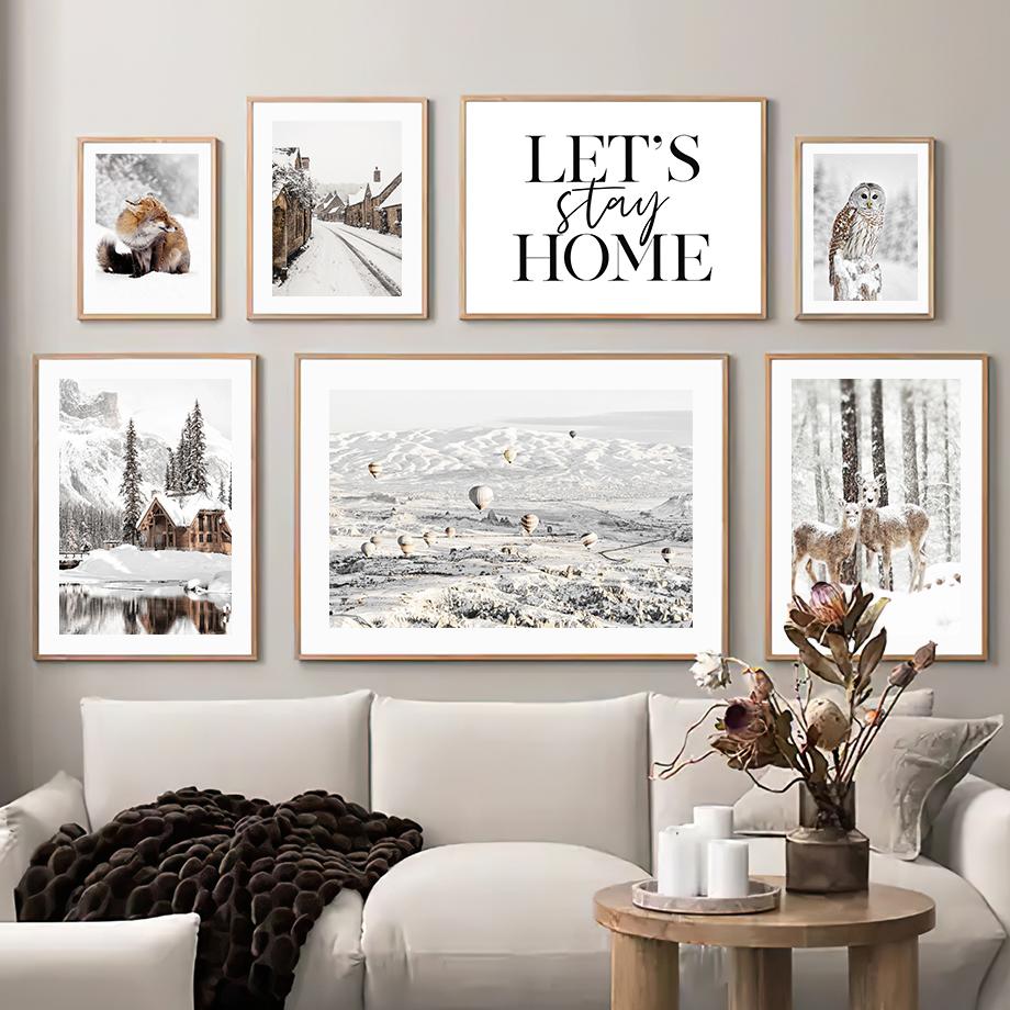 

Настенная картина на холсте, зимний дом у озера, лес, олень, лиса, сова, плакаты на скандинавскую тему и принты, настенные панно для декора гостиной