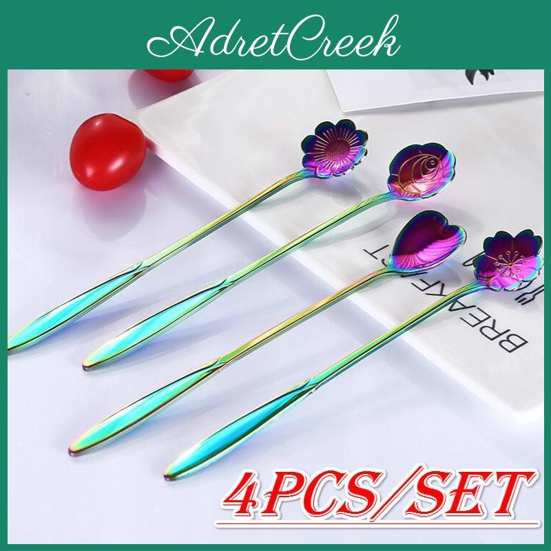 Steel 4 Pcslot Stainless Tableware Rainbow Flower Ice Spoon Sugar Spoon Tea Coffee Spoon Stir Bar Sp