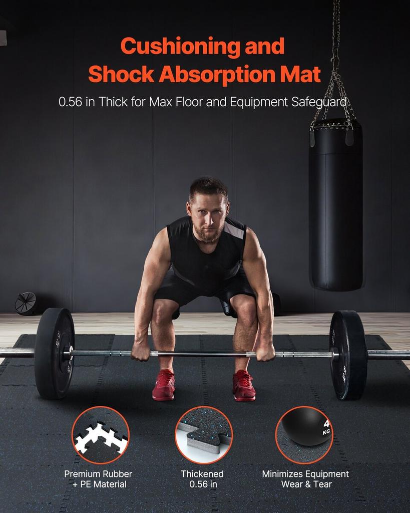 0.56" Thick Gym Floor Mats 25 Tiles Rubber Top with EVA Foam Black & Blue