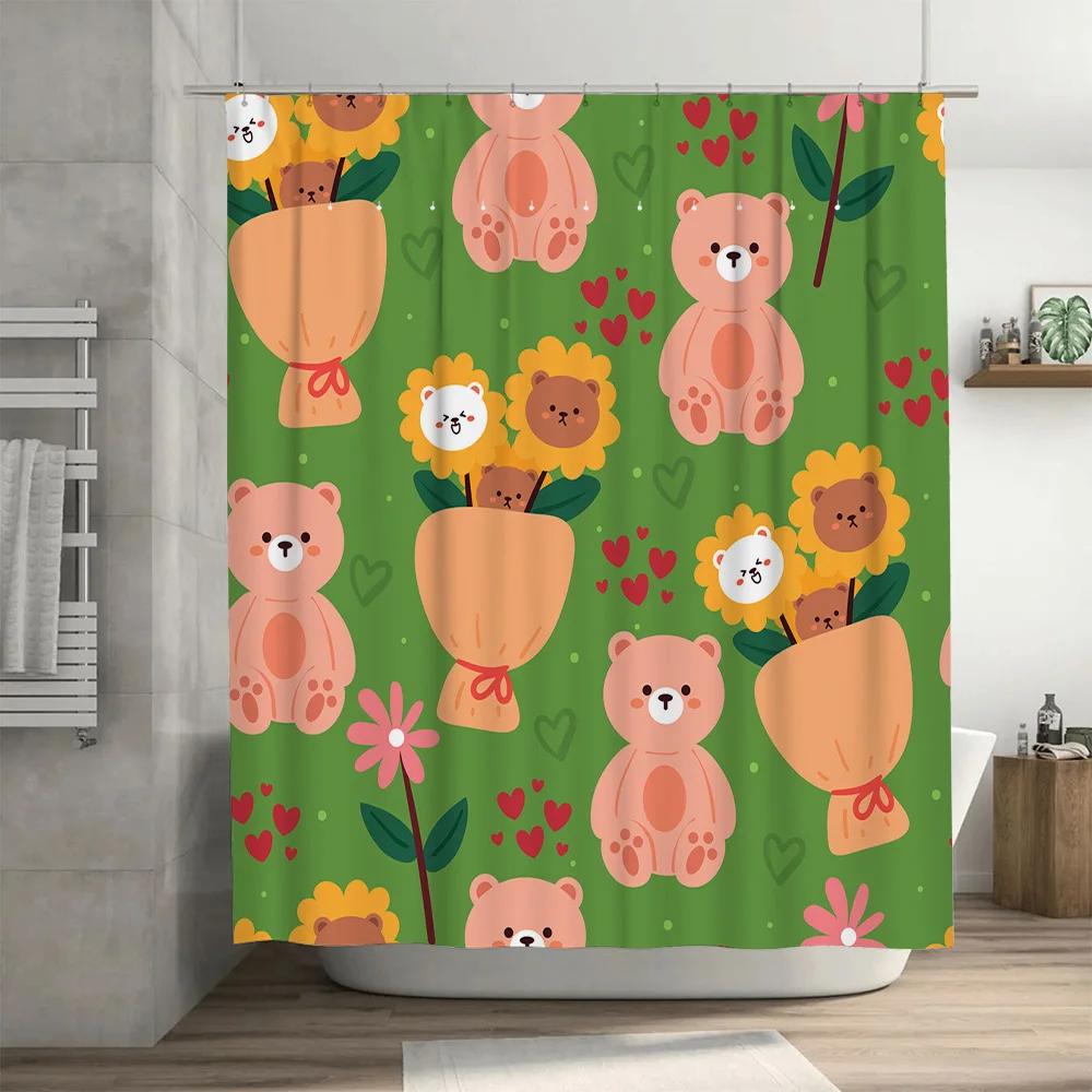 Animal-themed shower curtain with bears, lions, sunflowers perfect for a bathroom refresh!