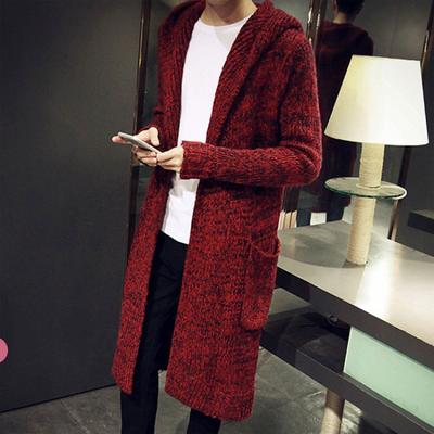 Casaco Tricotado Longo com Capuz para Homem Cardigan Casacos Casacos de Suéter Cor Sólida Jaqueta Tricotada de Outono