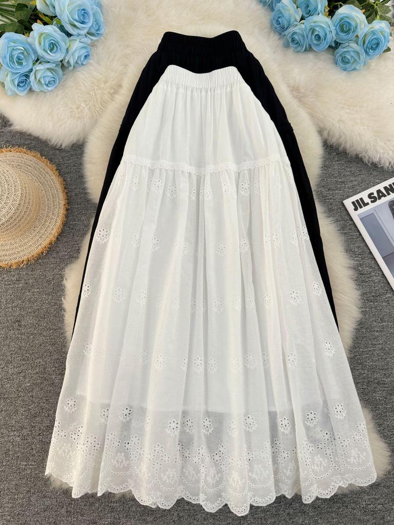 Spring/Summer A-Line Midi Skirt with Cross-Border Japanese & Korean Hollow Embroidery Design