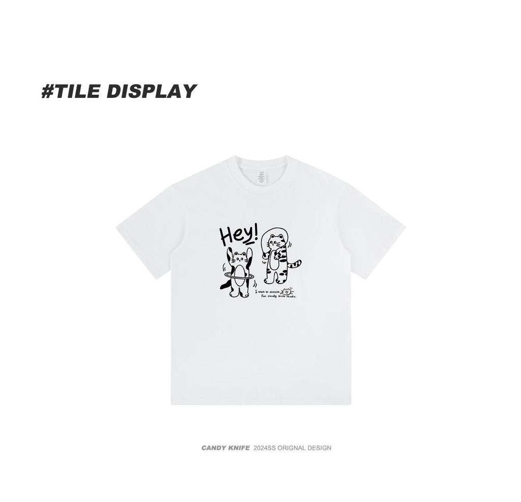 Unisex Summer Trend Cat Print Cotton Tee, Drop Shoulder, Loose Fit