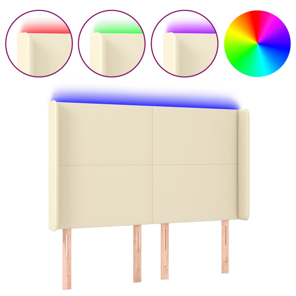 Zagłówek Do Łóżka Z Led Kremowy 147X16X118/128Cm Sztuczna Skóra