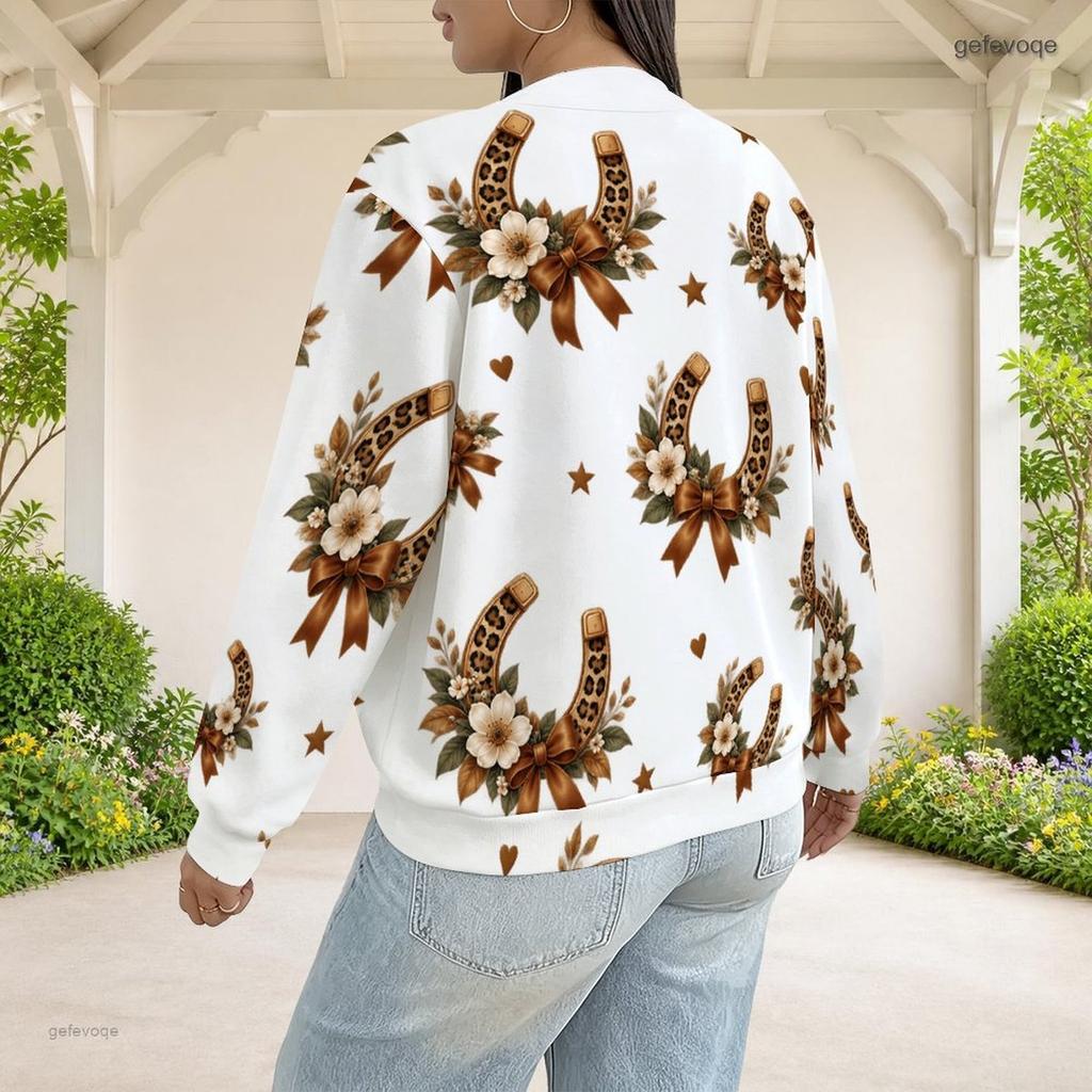 Women Plus Size White Leopard Star Heart Printed Long Sleeve Baseball Collar Jacket With Pockets